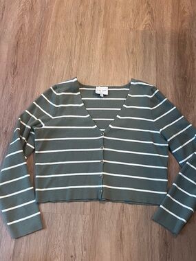 Pink Rose Green and White Striped V-Neck Sweater Cardigan
